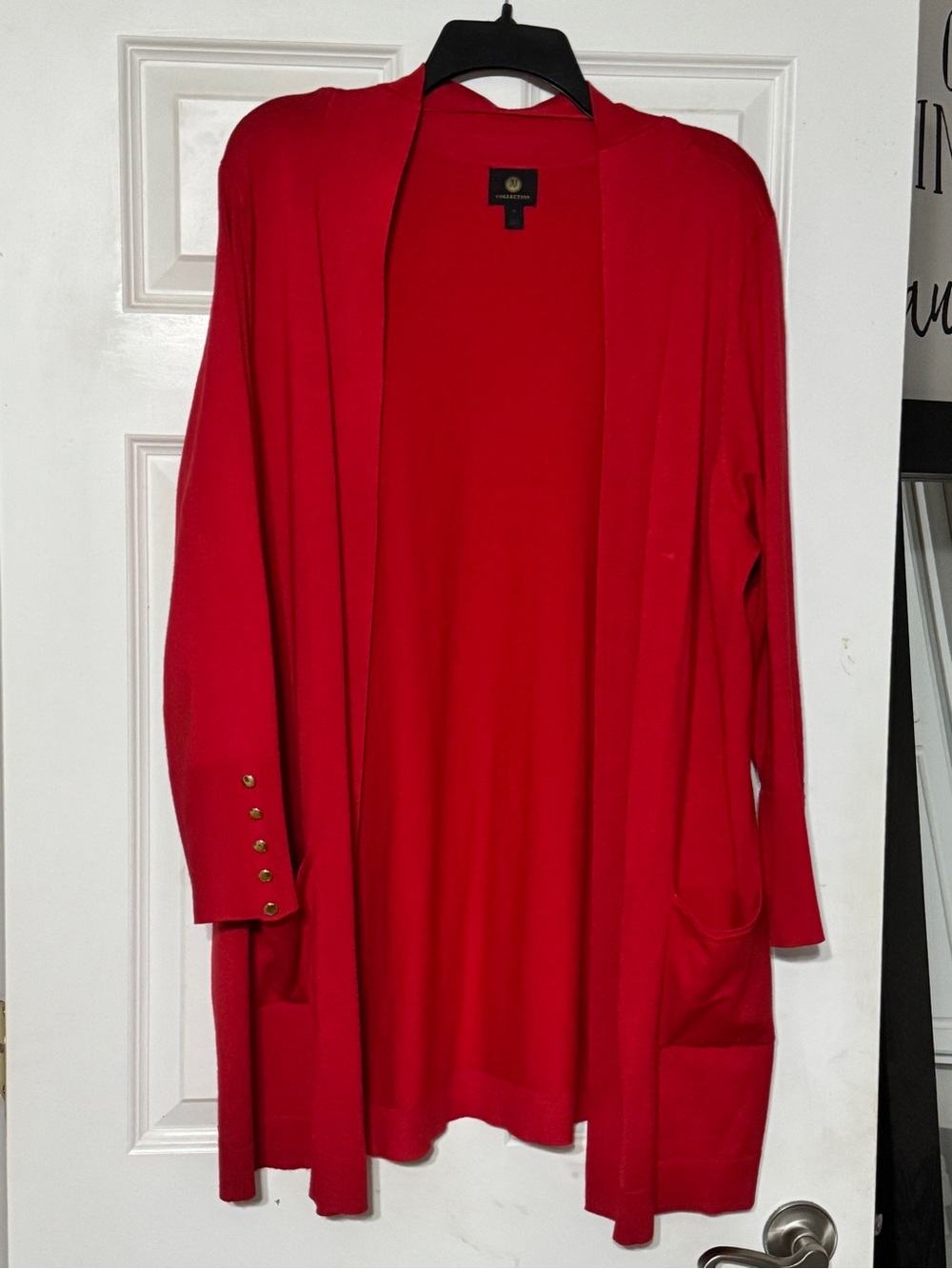 JM Collection Red Open-Front Cardigan with Gold Buttons